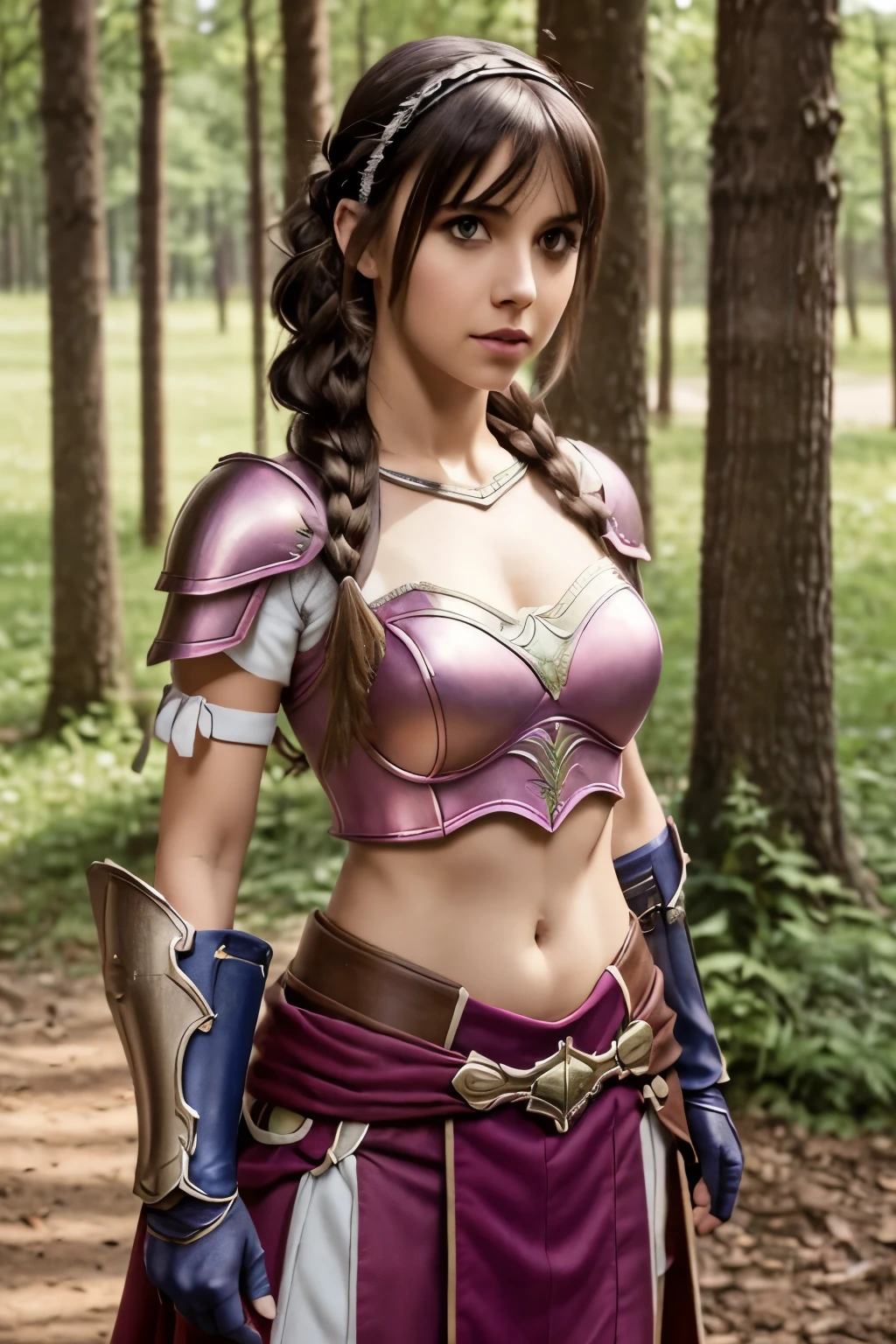 lapis fe, 1girl, solo, looking at viewer, blush, bangs, gloves, upper body, braid, hairband, outdoors, parted lips, sky, day, hand up, pink eyes, armor, tree, covered navel, blurry background, hand on own chest, shoulder armor, side braid, breastplate, red armor