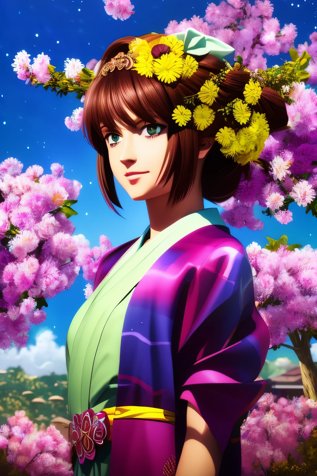 arafed woman in a kimono with flowers on her head, beautiful digital artwork, beautiful digital illustration, beautiful digital painting, gorgeous digital painting, artwork in the style of guweiz, photorealistic anime girl render, smooth anime cg art, beautiful digital art, great digital art with details, stunning digital illustration, detailed digital anime art, render of april, beautiful anime portrait