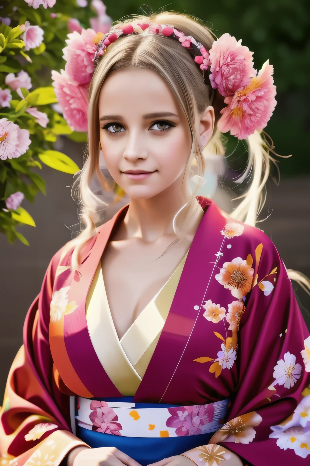 arafed woman in a kimono with flowers on her head, beautiful digital artwork, beautiful digital illustration, beautiful digital painting, gorgeous digital painting, artwork in the style of guweiz, photorealistic anime girl render, smooth anime cg art, beautiful digital art, great digital art with details, stunning digital illustration, detailed digital anime art, render of april, beautiful anime portrait