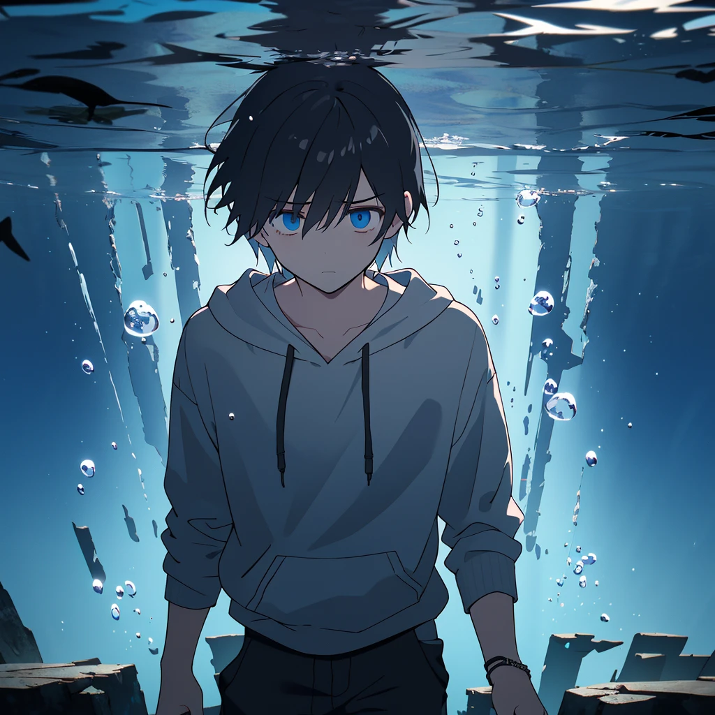 a beautiful young man with short black hair tied in a ponytail, deep blue eyes, wearing a hoodie and pants, sinking underwater, distressed expression, (best quality,4k,8k,highres,masterpiece:1.2),ultra-detailed,cinematic lighting,moody colors,dramatic lighting,underwater,sinking,distressed,sad