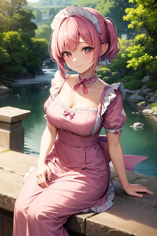 (Highest quality, 4K, 8k, High resolution, masterpiece:1.2), Very detailed, Picturesque, Anime style photo, Photo Anime:1.37)、Japanese、(Pink pixie cut)、smile、Maid clothes、Maid&#39;s Cap、whole body、Nakano Ichika