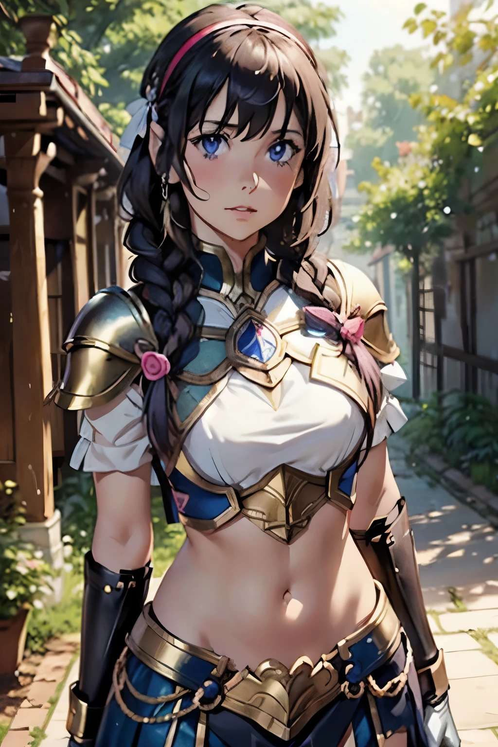 lapis fe, 1girl, solo, looking at viewer, blush, bangs, gloves, upper body, braid, hairband, outdoors, parted lips, sky, day, hand up, pink eyes, armor, tree, covered navel, blurry background, hand on own chest, shoulder armor, side braid, breastplate, red armor