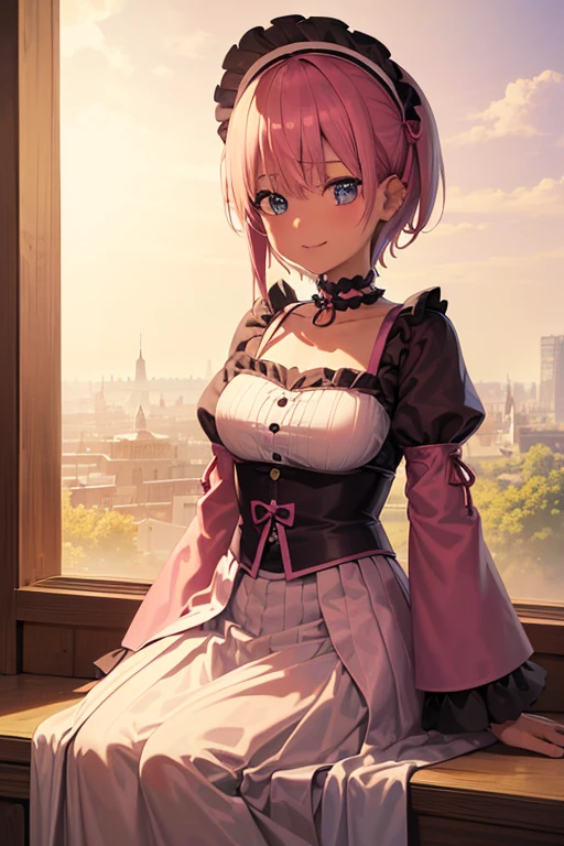 (Highest quality, 4K, 8k, High resolution, masterpiece:1.2), Very detailed, Picturesque, Anime style photo, Photo Anime:1.37)、Japanese、(Pink pixie cut)、smile、Black choker、gothic lolita、whole body、Nakano Ichika