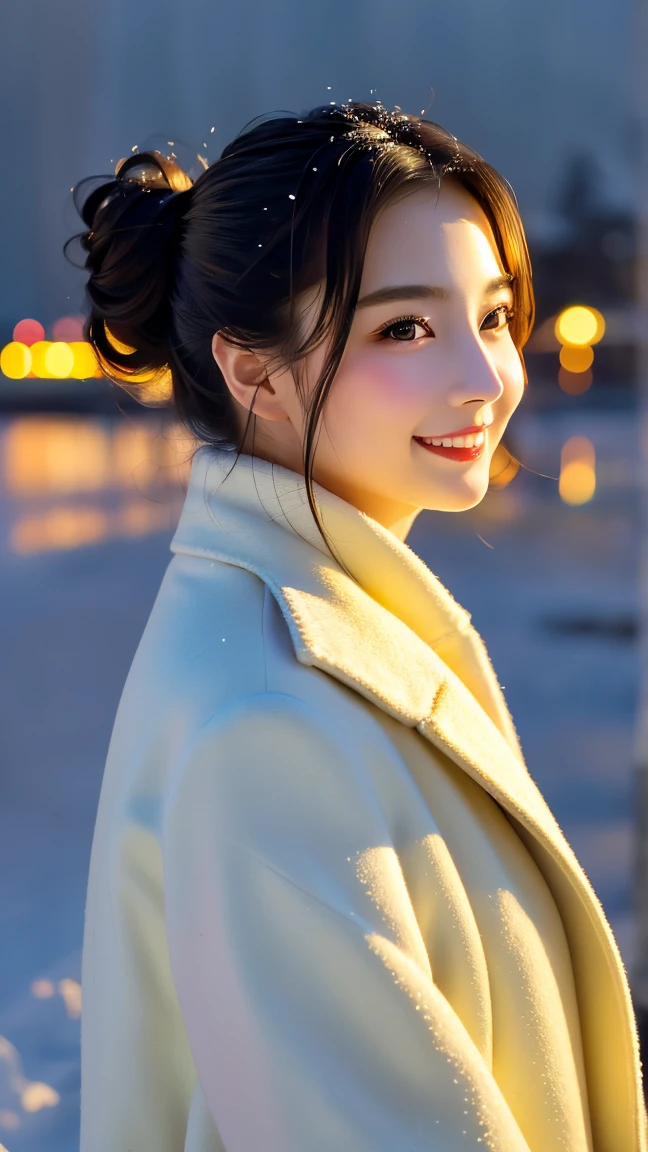 (Highest quality、masterpiece、8k、Best image quality、Hyperrealism、Award-winning works)、1 Girl、(The perfect heavyweight melton coat:1.2)、Soft indirect lighting、Soft and delicate light、Romantic lighting、Spectacular Cinema Lighting、Romantic snowy night city、Romantic illumination、Beautiful night view of a snowy city、(The most beautiful smile looks at me:1.1)、Sparkling fine snow、Beautiful snow reflecting light、Diamond dust、(Tyndall effect:1.1)、Beautiful snowy scenery、(that&#39;it&#39;s snowing:1.1)、(It's in your hair.&#39;s snowing:1.1)、Accurate anatomy、(Face close-up:1.3)、Beautiful Glossy Lipstick, natural color、Natural Makeup、Glossy Lips、Ultra HD glossy skin、ultra-high definition radiation, Beautiful Skin、Moisturized, beautiful skin、Beautiful, glowing skin、Ultra-high definition glossy lips、Ultra-high definition sparkling eyes、(Beautiful perfect teeth in super high resolution:1.1)、(Please smile widely and show your beautiful teeth.:1.1)、(perfect beautiful teeth:1.1)
