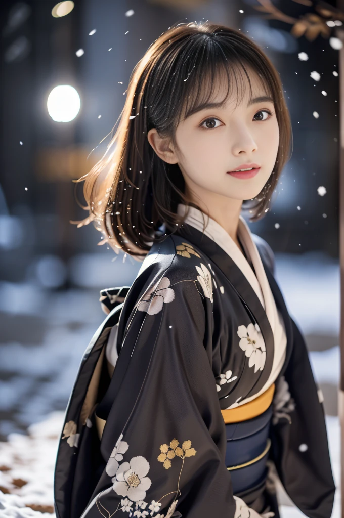 (kimono)、(masterpiece:1.3,Ultra-high resolution,),(Very detailedな,Caustics),(Realistic:1.4,RAW shooting,)超Realisticなキャプチャ,Very detailed,High Resolution 16K so that it can do human skin、The skin texture is natural、Beautiful Skin、The color is also uniform.、Use natural light and colour、1 adult female、Japanese、Beautiful woman、Black medium hair、(chromatic aberration) 、Overview Lighting、Natural Shading、)、(Night Outdoor Lighting:1.3)、(It's snowing:1.2)、(Hair swaying in the wind:1.2)、(Reflective Snow:1.2)