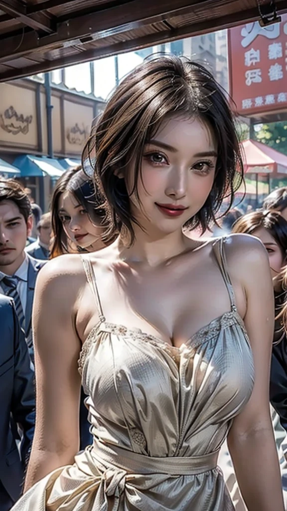 ((Beautiful Face:1.6)), (Purelos Face_v1: 1.0), Highest quality, One person, (Skin Dentition), (Natural Huge big breasts:1.0), (Blur the background:0.6), At a crowded amusement park, (Casual yet stylish, Elegant fabric,fローラl dress:1.5 ), nice, (short hair:1.5), Soft lighting, Wind, (Front light:1.5), surprised, 