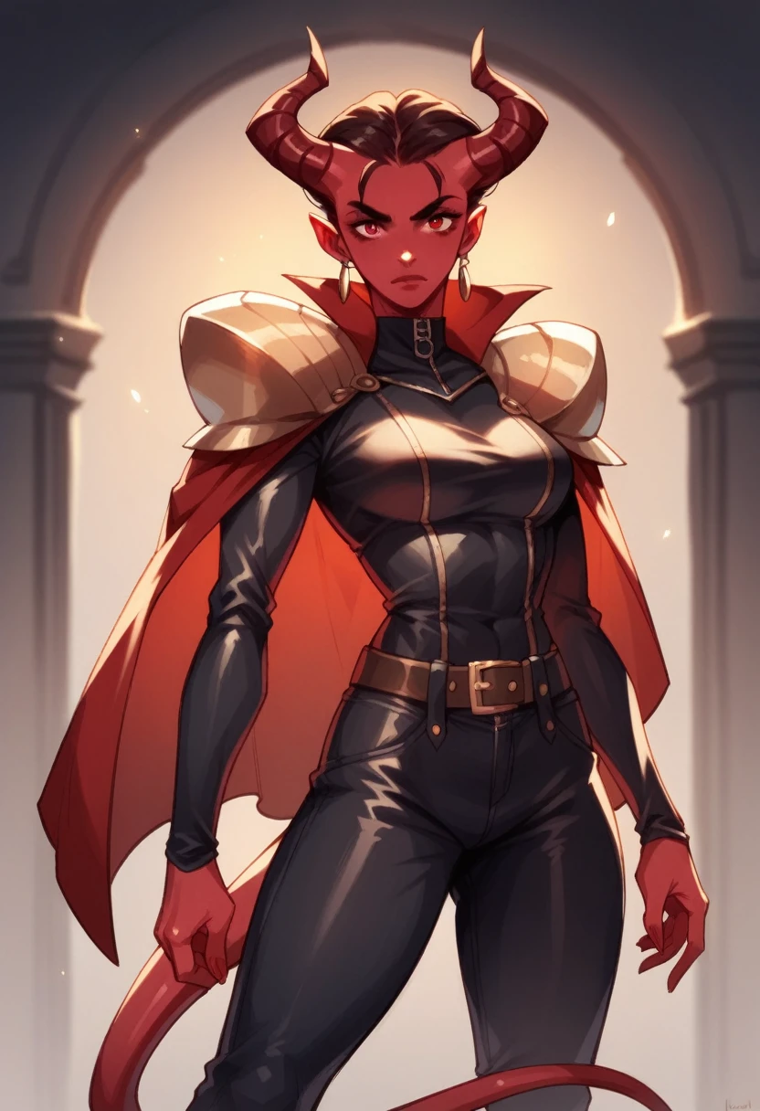 A female human with red skin, a horn, a tail and scarlet red eyes, wearing leather clothing with a red cape, a shoulder pad and a medium sword.