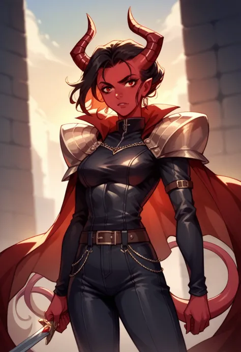 a female human with red skin, a horn, a tail and scarlet red eyes, wearing leather clothing with a red cape, a shoulder pad and ...