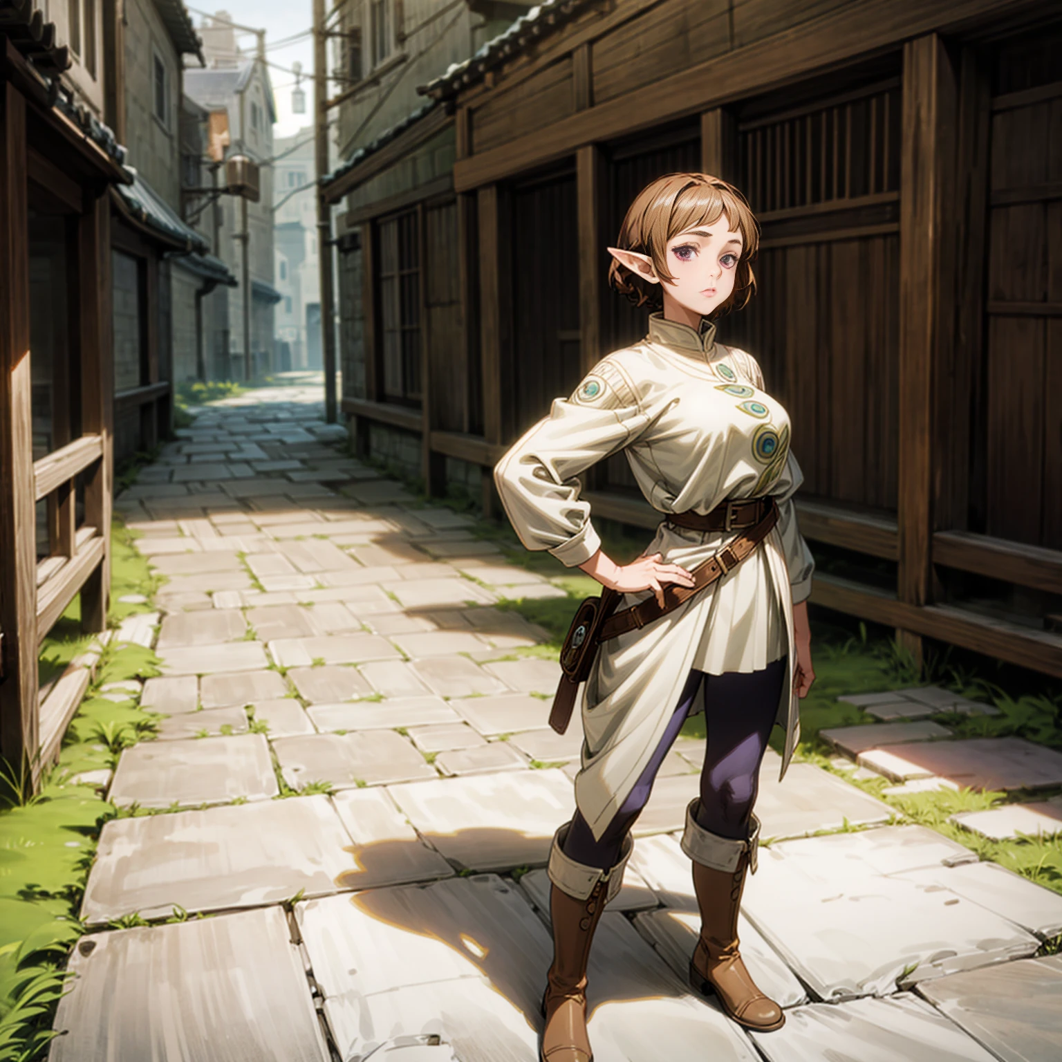 Solo character, full body version, young girl, (elf), purple eyes, brown hair, Bob haircut, curly haircut, casual outfit, boots, outdoor, town, medieval, morning, standing gesture, detailed background, detailed clothing, detailed hair, (Bleach style art, Doraemon style art), happy eyes, big breast, hand gun in hand 