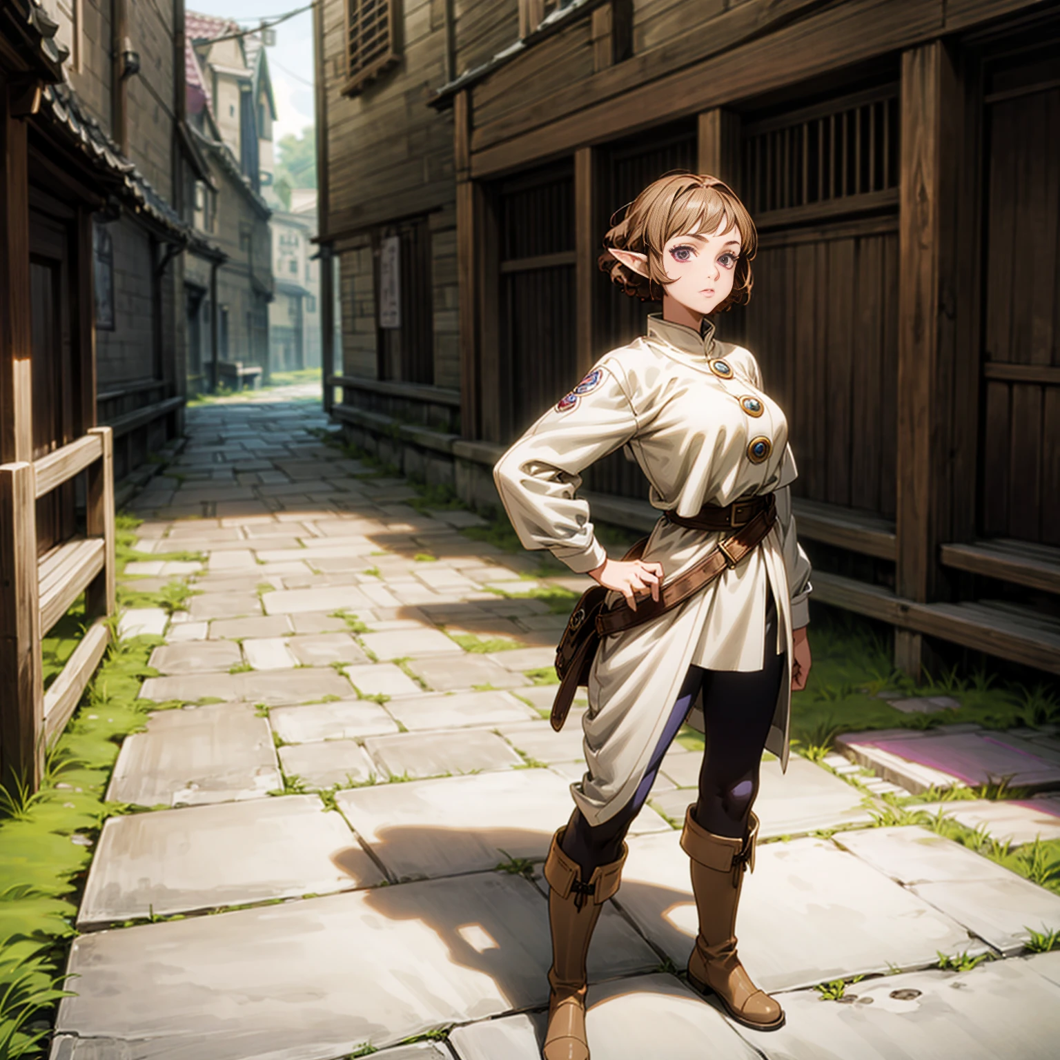 Solo character, full body version, young girl, (elf), purple eyes, brown hair, Bob haircut, curly haircut, casual outfit, boots, outdoor, town, medieval, morning, standing gesture, detailed background, detailed clothing, detailed hair, (Bleach style art, Doraemon style art), happy eyes, big breast, hand gun in hand 