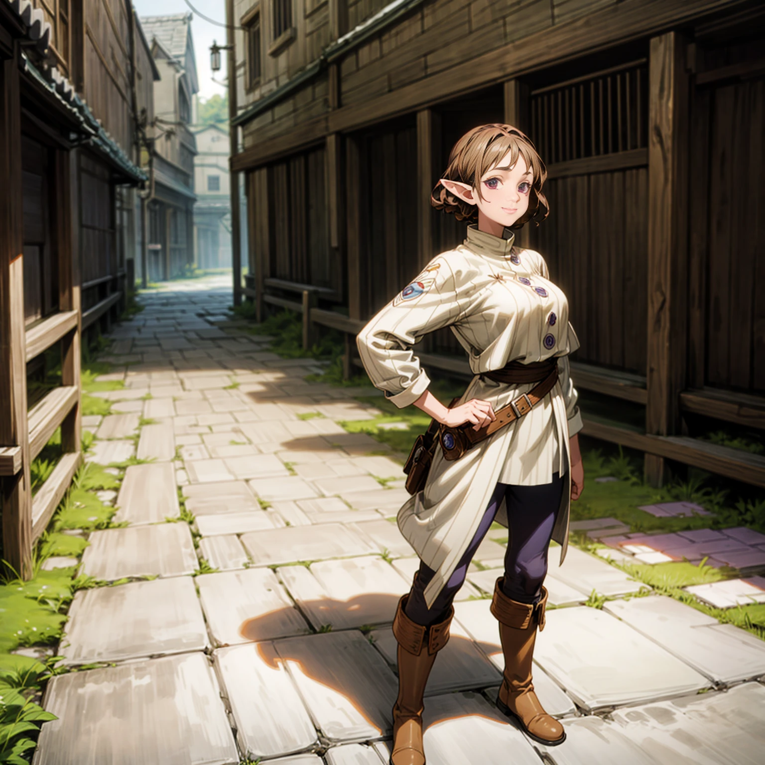 Solo character, full body version, old girl, (elf), purple eyes, brown hair, long curly haircut, casual outfit, boots, outdoor, town, medieval, morning, standing gesture, detailed background, detailed clothing, detailed hair, (Bleach style art, Doraemon style art), happy eyes, smile mouth, big breast, hand gun in hand 