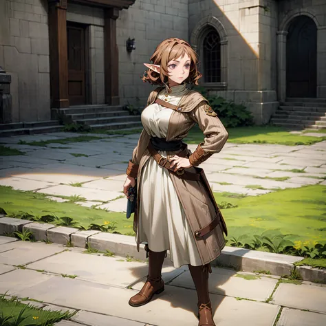 solo character, full body version, old girl, (elf), purple eyes, brown color hair, long curly haircut, casual outfit, boots, out...