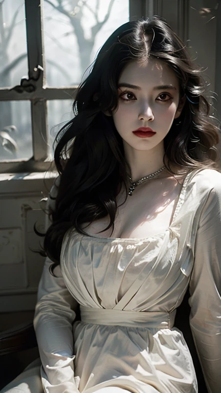 full body masterpiece, ultra realistic, 16k, high quality, incredibly detailed, dream aesthetic, dream atmosphere, cinematic, (sharp focus : 1.5), (photorealistic : 1.3) , A hyperrealistic young, very pale woman with long black hair and sad eyes, with a beautiful face, wearing a white dress. She is looking out of an old antique window. Horror and gothic atmosphere, with dramatic lighting and intricate details in both the woman and the surroundings. The window should have a gothic design, with shadows and light playing off her expression to enhance the mood of melancholy and mystery.