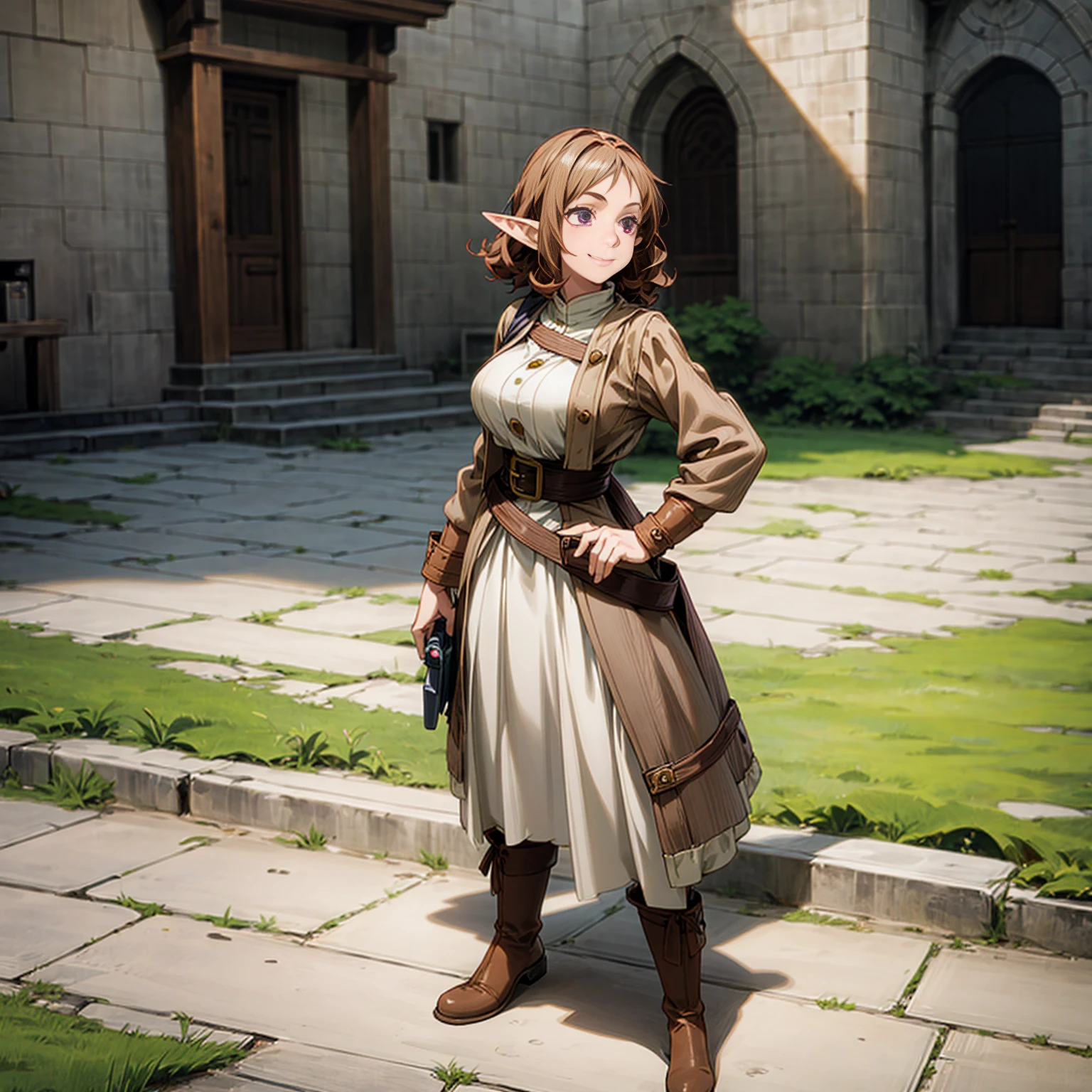 Solo character, full body version, old girl, (elf), purple eyes, brown color hair, long curly haircut, casual outfit, boots, outdoor, town, medieval, morning, standing gesture, detailed background, detailed clothing, detailed hair, (Bleach style art, Doraemon style art), happy eyes, smile mouth,  very big breast, hand gun in hand 