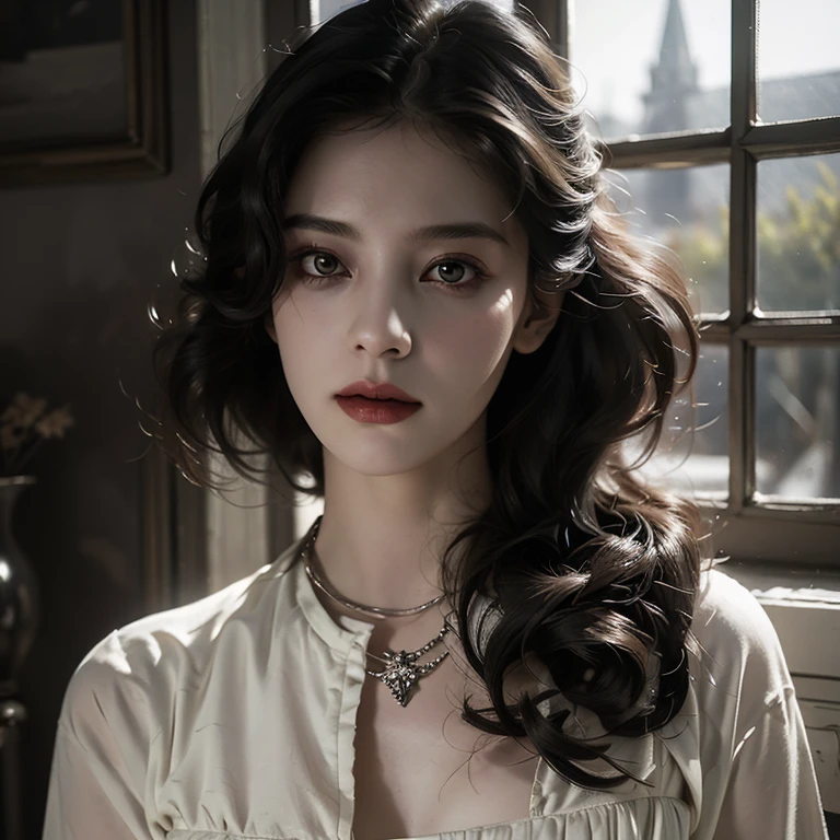 full body masterpiece, ultra realistic, 16k, high quality, incredibly detailed, dream aesthetic, dream atmosphere, cinematic, (sharp focus : 1.5), (photorealistic : 1.3) , A hyperrealistic young, very pale woman with long black hair and sad eyes, with a beautiful face, wearing a white dress. She is looking out of an old antique window. Horror and gothic atmosphere, with dramatic lighting and intricate details in both the woman and the surroundings. The window should have a gothic design, with shadows and light playing off her expression to enhance the mood of melancholy and mystery.