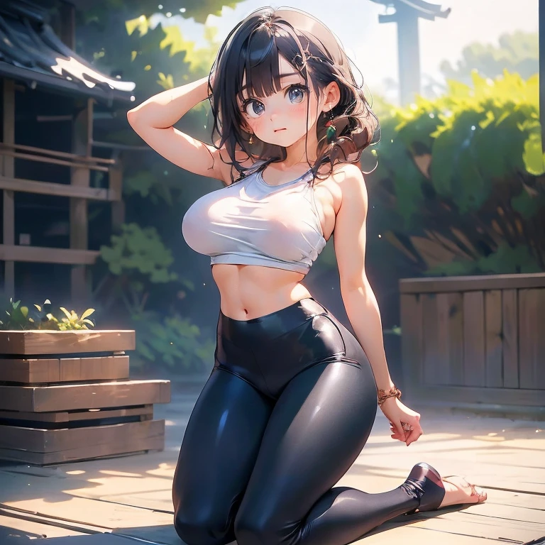 Anime Kawaii sexy Perfect Slim sensual body large breast and huge thighs, An intricate and highly detailed illustration of anime (Young girl). (((work of art))),(((high resolution)))、(((8k)))、(((face perfect)))、(((korean idol)))、25 years old, (yoga pants), Look to the camera, ((high quality eyes)), high quality face, detailed texture, rug, in this
