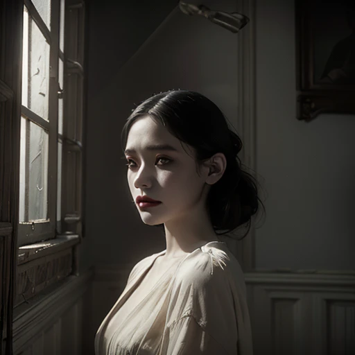 full body masterpiece, ultra realistic, 16k, high quality, incredibly detailed, dream aesthetic, dream atmosphere, cinematic, (sharp focus : 1.5), (photorealistic : 1.3) , A hyperrealistic young, very pale woman with long black hair and sad eyes, with a beautiful face, wearing a white dress. She is looking out of an old antique window. Horror and gothic atmosphere, with dramatic lighting and intricate details in both the woman and the surroundings. The window should have a gothic design, with shadows and light playing off her expression to enhance the mood of melancholy and mystery.