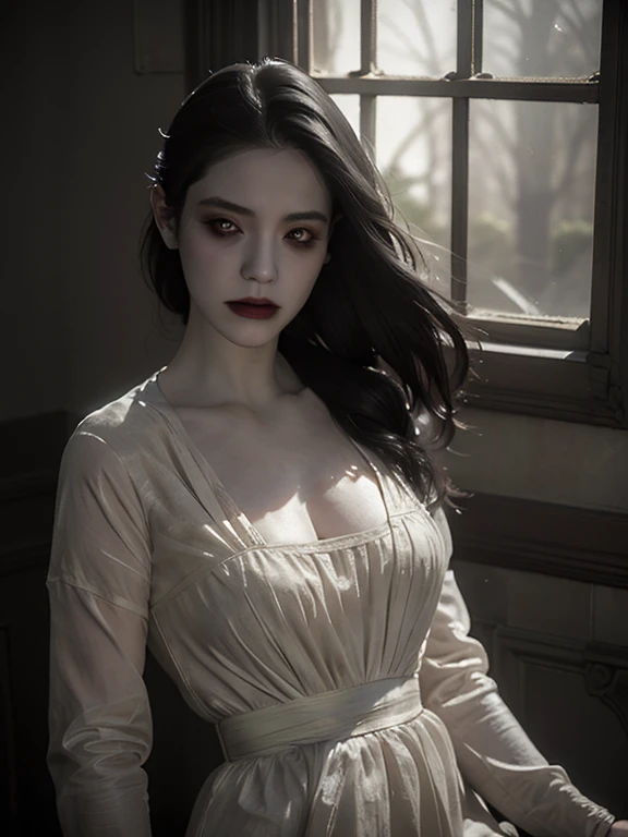 full body masterpiece, ultra realistic, 16k, high quality, incredibly detailed, dream aesthetic, dream atmosphere, cinematic, (sharp focus : 1.5), (photorealistic : 1.3) , A hyperrealistic young, very pale woman with long black hair and sad eyes, with a beautiful face, wearing a white dress. She is looking out of an old antique window. Horror and gothic atmosphere, with dramatic lighting and intricate details in both the woman and the surroundings. The window should have a gothic design, with shadows and light playing off her expression to enhance the mood of melancholy and mystery.