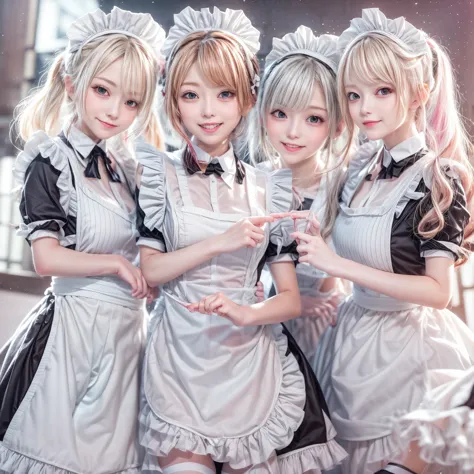 (full body of extremely detailed((kawaii maid group in a row:1.37))), childish perfect face, reflective eyes, detailed(delicate ...