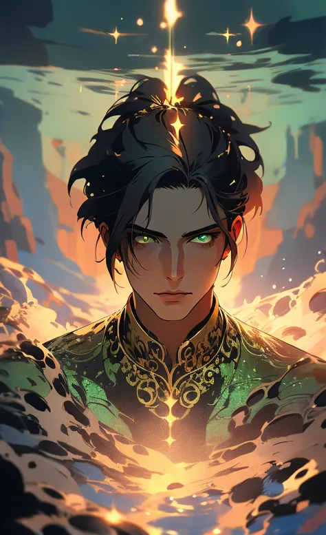 a man with olive skin, green eyes, long dark hair in ponytail, wearing green indian-style clothing with gold accents, water mage...