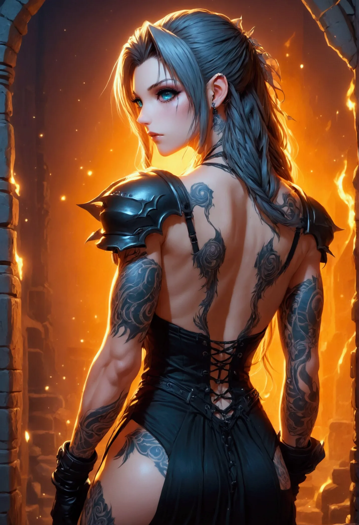 create a hyper detailed photograph of a tattooed muscular young sexy female deathknight, stunningly perfect gorgeous face, perfe...