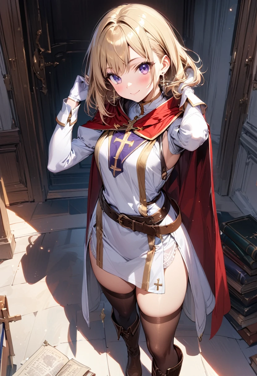 (masterpiece),(best quality),(ultra-detailed),(best illustration),(best shadow),(absurdres),(detailed background),(very aesthetic), 1girl, solo, smile, boots, blonde-hair, purple-eyes, gloves, looking-at-viewer, thighhighs, full-body, cape, white-gloves, dress, red-cape, closed-mouth, white-dress, side-slit, book, long-sleeves, simple-background, standing, brown-thighhighs, brown-footwear, outline, belt, knee-boots, cross, jewelry, juliet-sleeves, tabard, medium-hair, earrings, blush, hand-in-own-hair, puffy-sleeves
