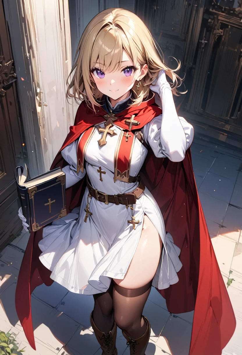 (masterpiece),(best quality),(ultra-detailed),(best illustration),(best shadow),(absurdres),(detailed background),(very aesthetic), 1girl, solo, smile, boots, blonde-hair, purple-eyes, gloves, looking-at-viewer, thighhighs, full-body, cape, white-gloves, dress, red-cape, closed-mouth, white-dress, side-slit, book, long-sleeves, simple-background, standing, brown-thighhighs, brown-footwear, outline, belt, knee-boots, cross, jewelry, juliet-sleeves, tabard, medium-hair, earrings, blush, hand-in-own-hair, puffy-sleeves
