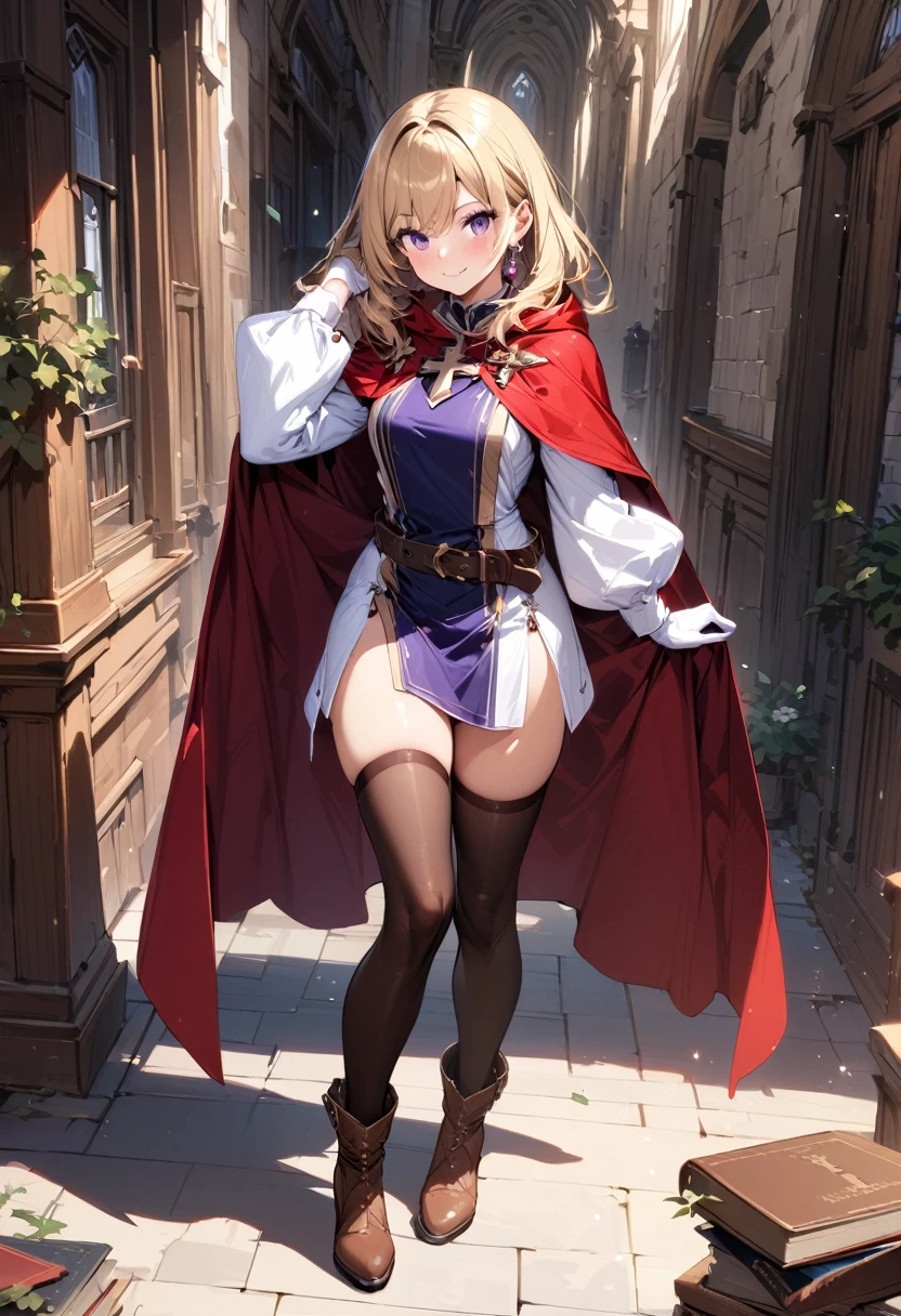 (masterpiece),(best quality),(ultra-detailed),(best illustration),(best shadow),(absurdres),(detailed background),(very aesthetic), 1girl, solo, smile, boots, blonde-hair, purple-eyes, gloves, looking-at-viewer, thighhighs, full-body, cape, white-gloves, dress, red-cape, closed-mouth, white-dress, side-slit, book, long-sleeves, simple-background, standing, brown-thighhighs, brown-footwear, outline, belt, knee-boots, cross, jewelry, juliet-sleeves, tabard, medium-hair, earrings, blush, hand-in-own-hair, puffy-sleeves
