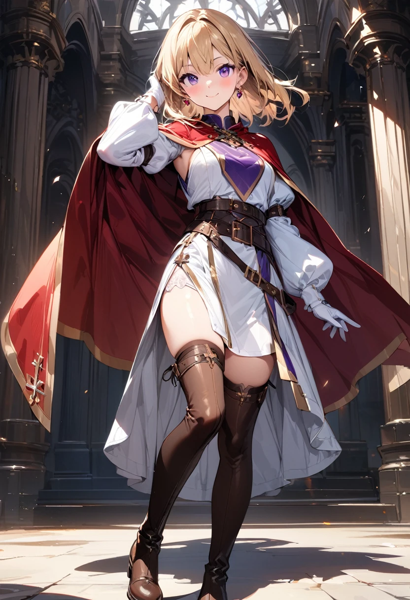 (masterpiece),(best quality),(ultra-detailed),(best illustration),(best shadow),(absurdres),(detailed background),(very aesthetic), 1girl, solo, smile, boots, blonde-hair, purple-eyes, gloves, looking-at-viewer, thighhighs, full-body, cape, white-gloves, dress, red-cape, closed-mouth, white-dress, side-slit, book, long-sleeves, simple-background, standing, brown-thighhighs, brown-footwear, outline, belt, knee-boots, cross, jewelry, juliet-sleeves, tabard, medium-hair, earrings, blush, hand-in-own-hair, puffy-sleeves
