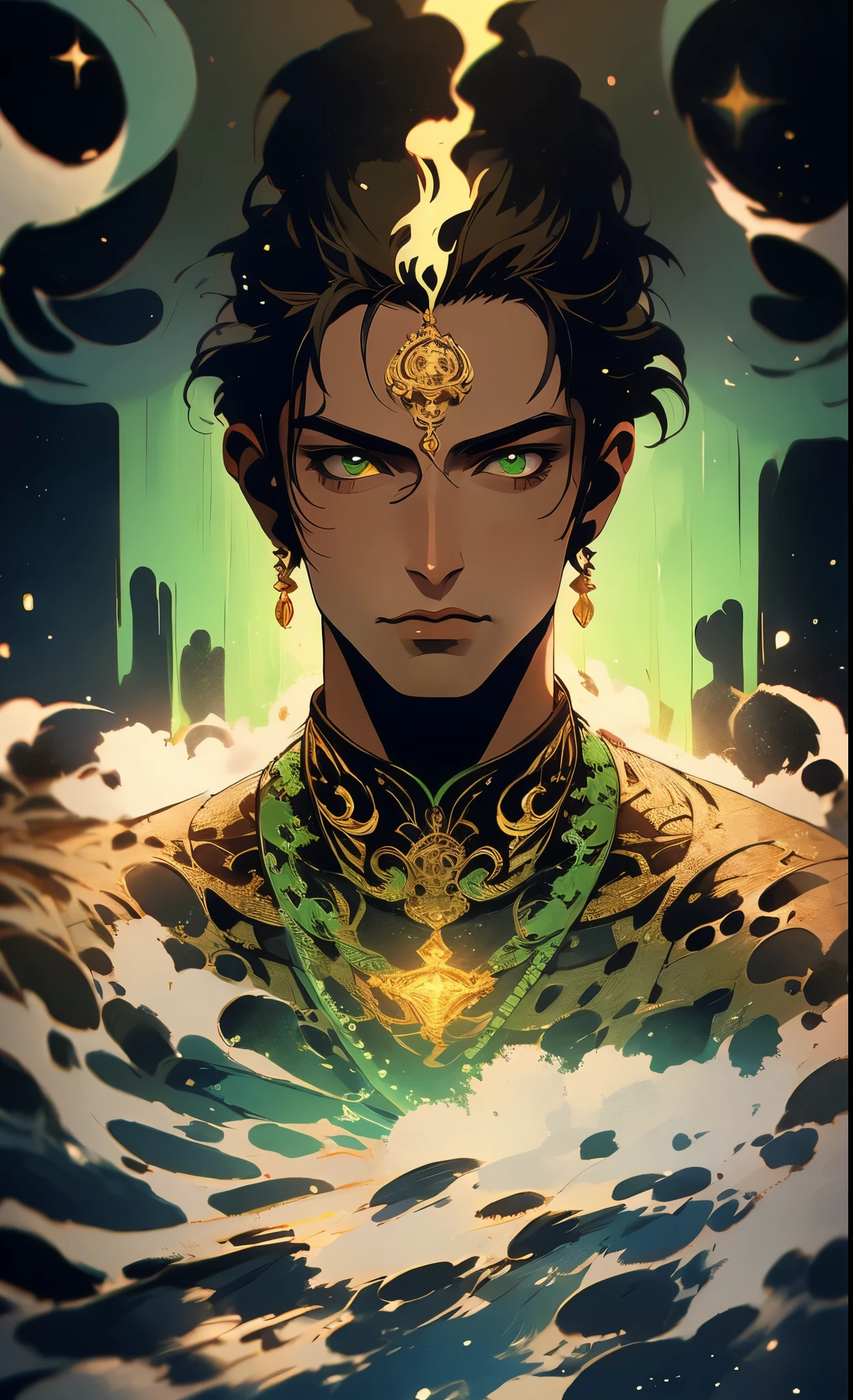 a man with olive skin, green eyes, long dark hair in ponytail, wearing green indian-style clothing with gold accents, water mage, portrait, intricate details, cinematic lighting, dramatic pose, mystical atmosphere, high quality, 8k, masterpiece, fantasy art, indian motive, water, waterfall, full growth