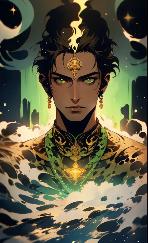 a man with olive skin, green eyes, long dark hair in ponytail, wearing green indian-style clothing with gold accents, water mage...