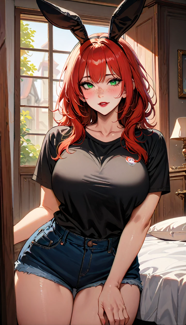 (high quality, 8k, 4K, high contrast, artwork:1.2, high quality, best aesthetics), (centered), ((1 woman)), erotic, sensual, mature body, grown woman, super detailed, beautiful face detailed, beautiful eyes detailed, detailed beautiful mouth, (long wavy red hair), (green eyes), (freckles), (red eyeshadow), (black eyeliner), (red lipstick), (blushing), (calm expression), (pair of white bunny ears), (simple black shirt), (black denim shorts), (inside a bedroom), (standing), (straight posture), (front view of woman), (big breasts)