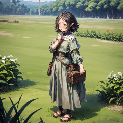 solo character, full body version, kid girl, (elf), black eyes, black color hair, long curly haircut, farmer outfit, sandals, ou...