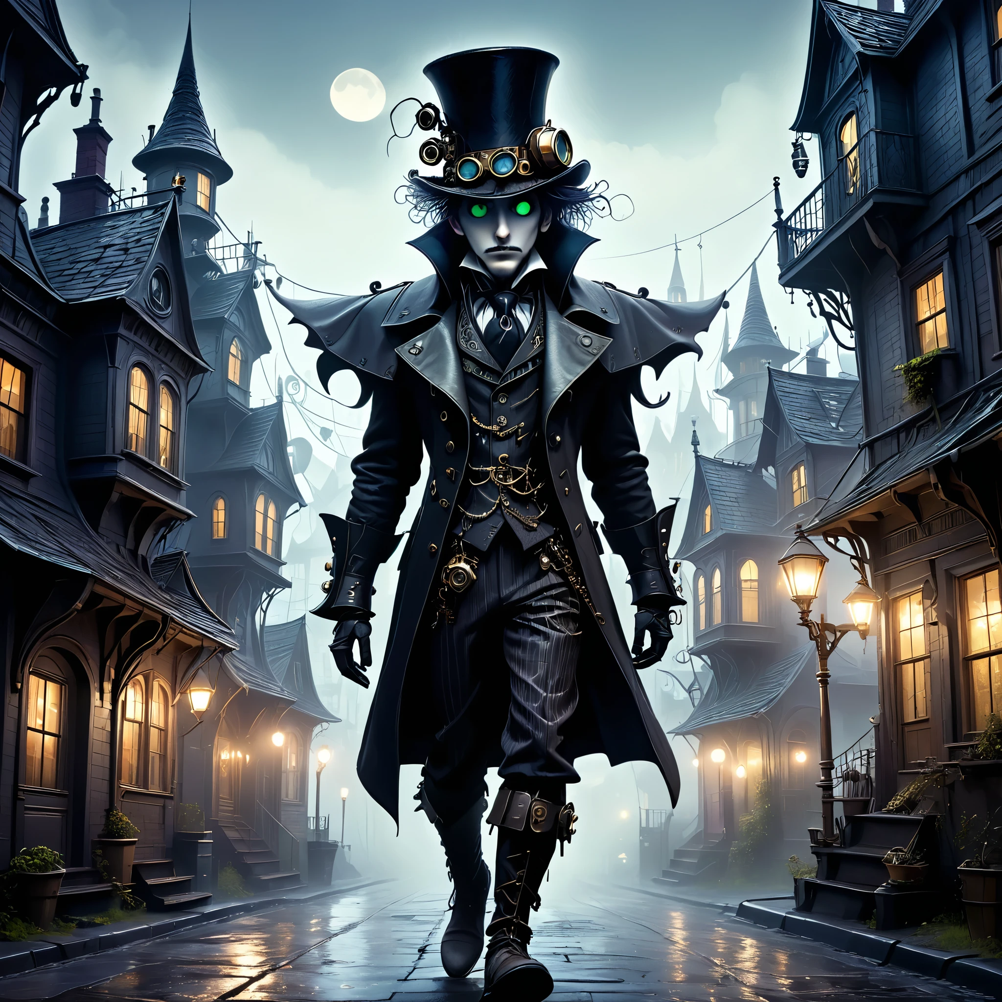 cartoon, Tim Burton's style, three-dimensional, gloomy environment, fog, gloomy houses around, человек трубочист в одежде steampunk и очках, dark shades, Epic atmosphere of tangled houses, мужчина трубочист в шляпе и очках steampunk, stitchpunk man walking down the street of a gloomy city, gothic art, steampunk, gothic architecture of houses, Moonlight night. 