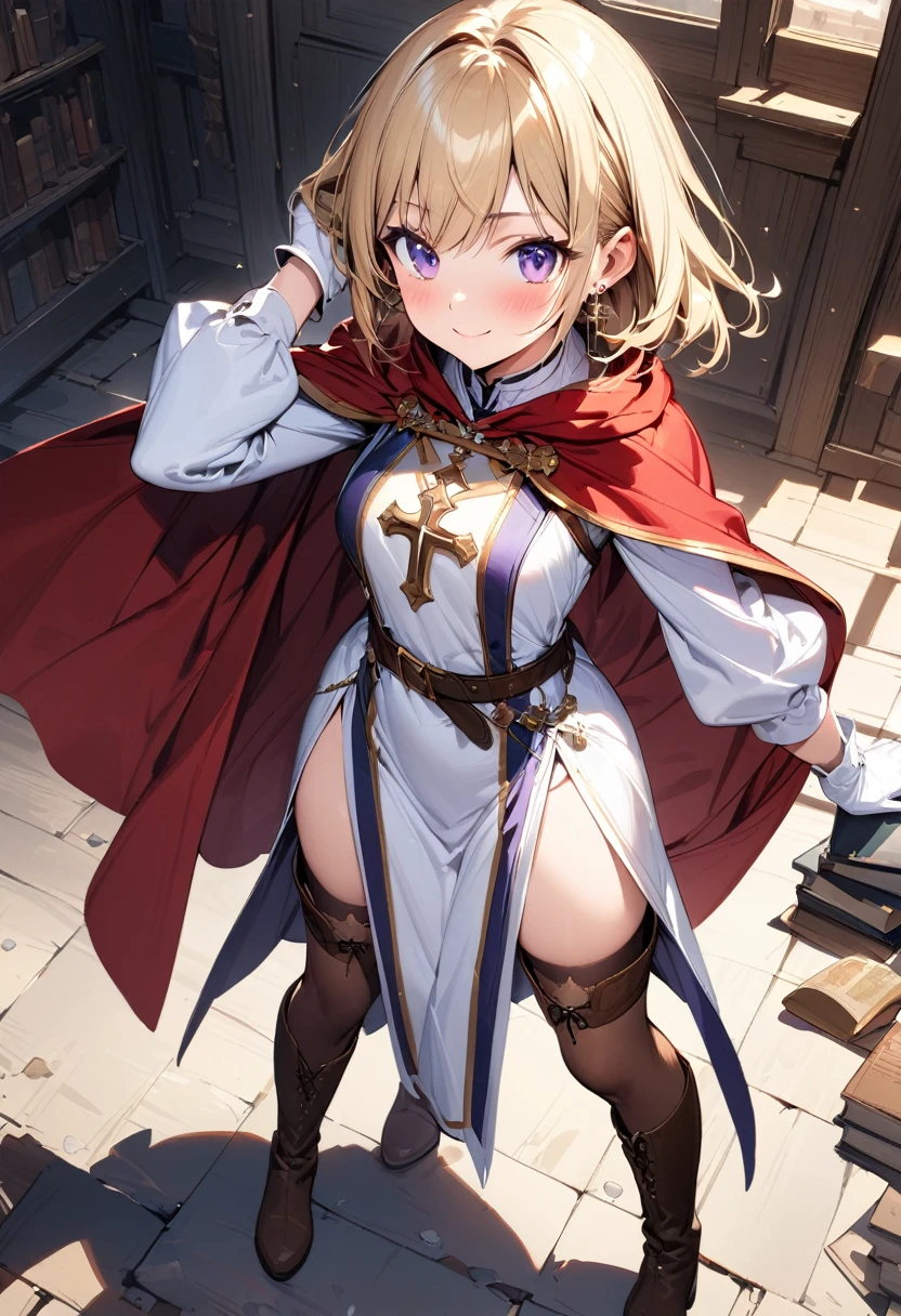 (masterpiece),(best quality),(ultra-detailed),(best illustration),(best shadow),(absurdres),(detailed background),(very aesthetic), 1girl, solo, smile, boots, blonde-hair, purple-eyes, gloves, looking-at-viewer, thighhighs, full-body, cape, white-gloves, dress, red-cape, closed-mouth, white-dress, side-slit, book, long-sleeves, simple-background, standing, brown-thighhighs, brown-footwear, outline, belt, knee-boots, cross, jewelry, juliet-sleeves, tabard, medium-hair, earrings, blush, hand-in-own-hair, puffy-sleeves
