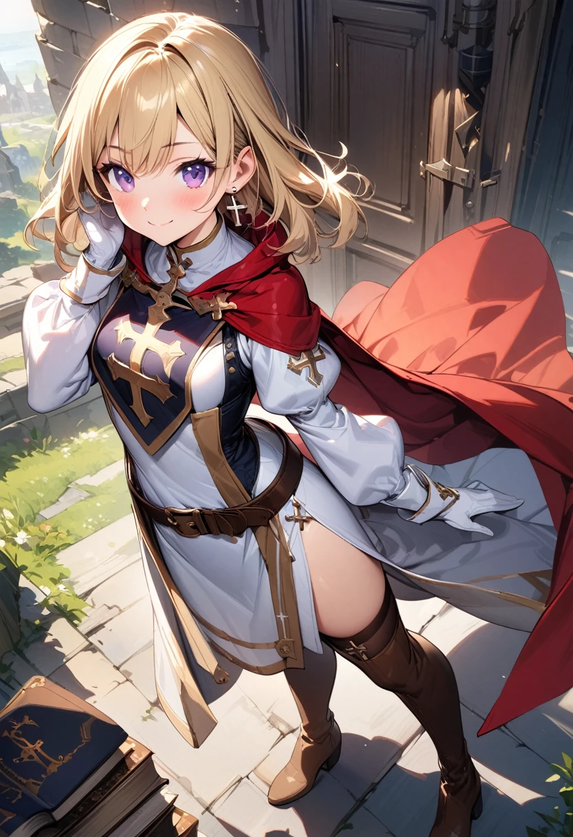 (masterpiece),(best quality),(ultra-detailed),(best illustration),(best shadow),(absurdres),(detailed background),(very aesthetic), 1girl, solo, smile, boots, blonde-hair, purple-eyes, gloves, looking-at-viewer, thighhighs, full-body, cape, white-gloves, dress, red-cape, closed-mouth, white-dress, side-slit, book, long-sleeves, simple-background, standing, brown-thighhighs, brown-footwear, outline, belt, knee-boots, cross, jewelry, juliet-sleeves, tabard, medium-hair, earrings, blush, hand-in-own-hair, puffy-sleeves
