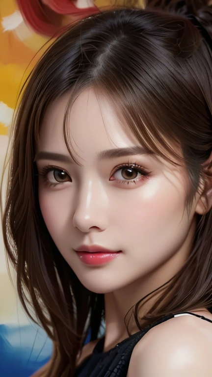 (Highest quality、8k、32K、masterpiece)、(Realistic)、(Realistic:1.2)、(High resolution)、Very detailed、Very beautiful face and eyes、1 person、Round and small face、Tight waist、Delicate body、(close、Highest quality、Attention to detail、Rich skin detail)、(Highest quality、8k、Oil paints:1.2)、Very detailed、(Realistic、Realistic:1.37)、Bright colors