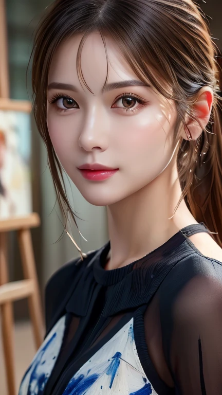 (Highest quality、8k、32K、masterpiece)、(Realistic)、(Realistic:1.2)、(High resolution)、Very detailed、Very beautiful face and eyes、1 person、Round and small face、Tight waist、Delicate body、(close、Highest quality、Attention to detail、Rich skin detail)、(Highest quality、8k、Oil paints:1.2)、Very detailed、(Realistic、Realistic:1.37)、Bright colors