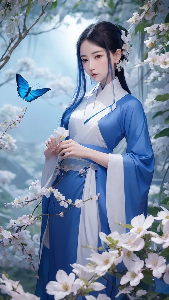 Fide woman in blue dress holding butterfly, ancient chinese beauti, EtherealBeauty, chinese fantasy, xianxia fantasy, inspired by Tang Yin, 宮 ， A girl in Hanfu, Hanfu, white hanfu, beautiful fantasy empress, Princesa chinesa antiga, Inspired by Qiu Ying, Inspired by Ma Lin, Ethereal fantasy