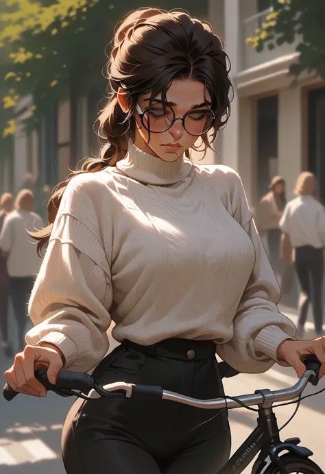 lara croft, hyperboobs, face detailing, body detailing, long white sweater, black pants, black glasses, black bicycle