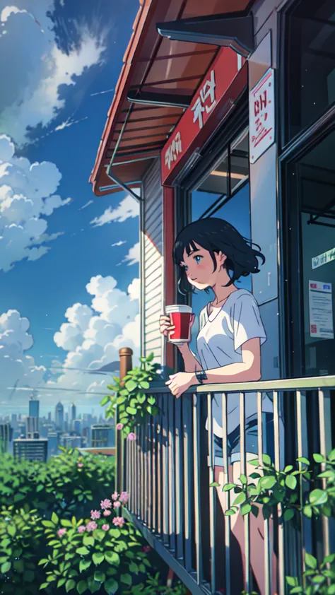 standing on a balcony with a cup of coffee, cgsociety 9, chill hop, alena aenami and artgerm, makoto shinkai and artgelm, lo-fi ...