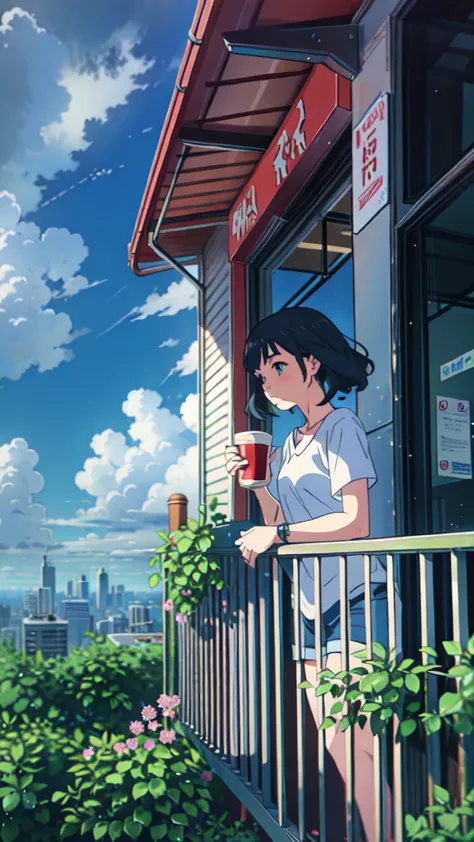 standing on a balcony with a cup of coffee, cgsociety 9, chill hop, alena aenami and artgerm, makoto shinkai and artgelm, lo-fi ...