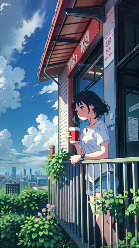 standing on a balcony with a cup of coffee, cgsociety 9, chill hop, alena aenami and artgerm, makoto shinkai and artgelm, lo-fi ...