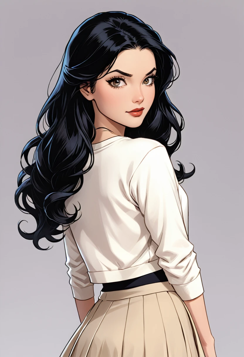 DC comic girl with long black hair in a twist-back hairstyle with her ends semi-curled. Her eyes are hazel-doe-like. She had porcelain-like skin. Her features are soft and dainty. Very feminine and extremely pretty. She had a white cropped T-shirt with a beige open cardigan on top and a black skirt. 