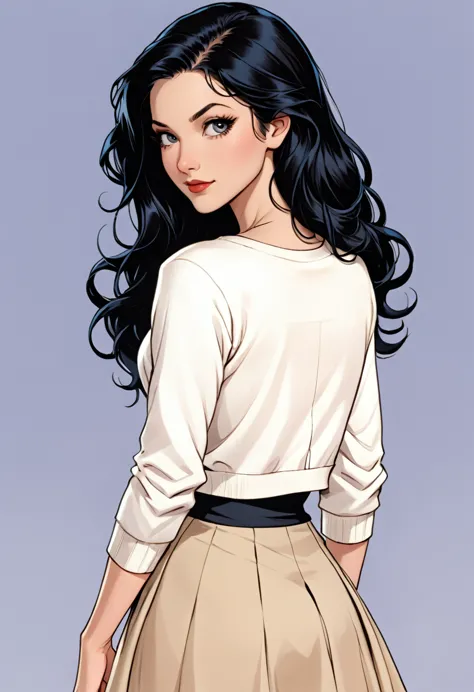 dc comic girl with long black hair in a twist-back hairstyle with her ends semi-curled. her eyes are hazel-doe-like. she had por...