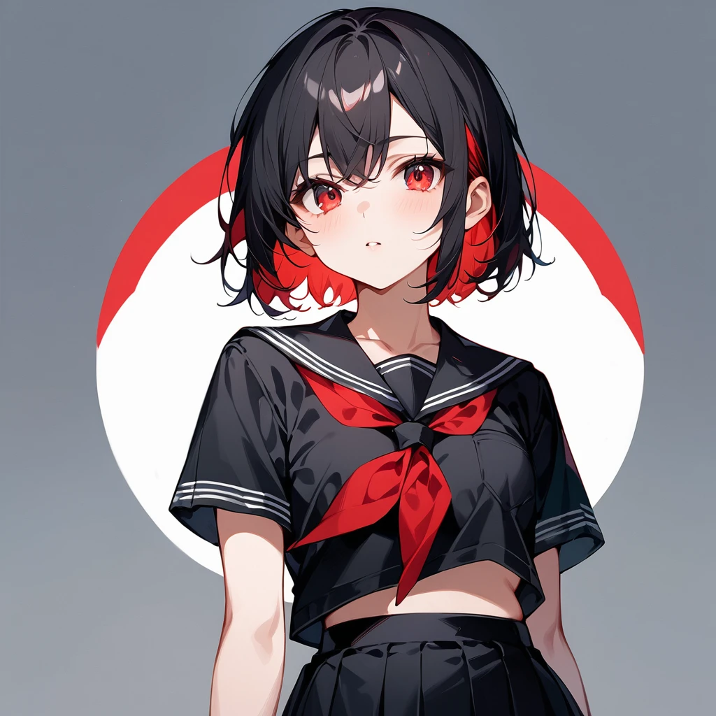 score_9, score_8_up, score_7_up, masterpiece, ultra-detailed, pretty eyes,1Girl, solo, teenager, short, small chest, big hips, red eyes, thick thighs, short hair, black hair, red Inner Hair, teenager, wearing (BLACK clothing). BLACK short-sleeve serafuku, red neckerchief,  Simple background, White background, portrait
