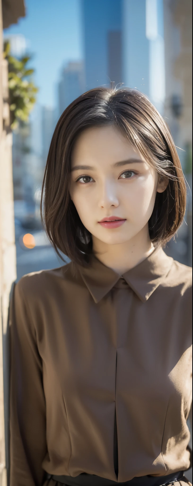 ((top-quality, 8K, ​masterpiece:1.3)), sharp focus:1.2, Beautiful Women in Perfect Style:1.4, Slender Abs:1.2, full body, wearing long sleeve shirts wide long pants, ((weavy dark brown short hair:1.2)), (natural soft light, City Street:1.1), Highly detailed facial and skin texture, A detailed eye, double eyelid, uniform, Female, 24 years old