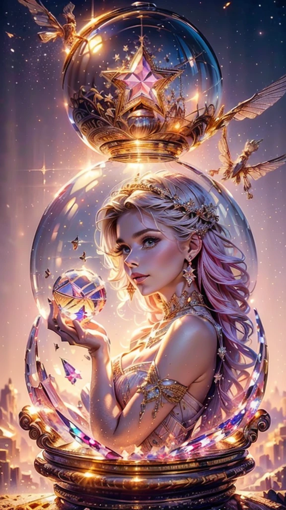 (One young man:1.56, Beautiful highly detailed dress in pale pink color, decorative star ,Trapped in a crystal ball flying above the city: 1.4), (beautiful images, perfection, Magic, idyllic, Dreams: 1.54),surreal, 32K High Resolution, (maximum sharp focus: 1.3), (greatest prospects: 1.5), ,sunset lighting, movie lighting