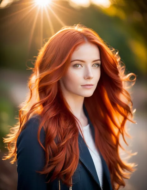 instagram profile picture of a radiant girl with cascading red hair, backlighting to enhance her striking features, emphasis on ...