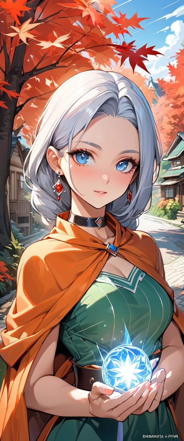 (masterpiece, best quality:1.3), looking at viewer, upper body, portrait, 1girl, solo, dqBianca, blue eyes, single braid, earrings, orange cape, green dress, belt, choker, beautiful eyes, beautiful face, shiny skin, glossy skin, maple trees, village, outdoors, full body, (((Gathering magic in the palm)))